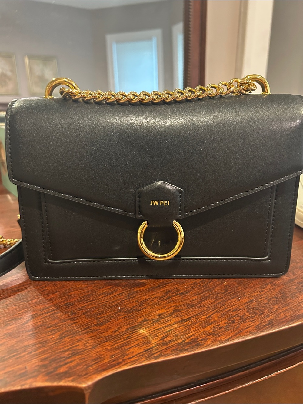 JW PEI Black Crossbody Bag with Gold Ring and Chain